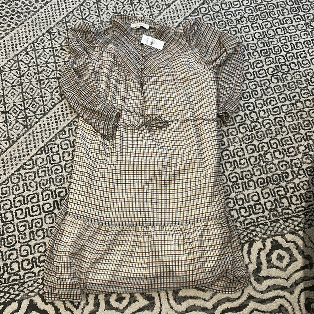 LOFT Plaid Long Sleeve Ruffle-Hem Dress in Beige and Black